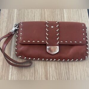 Michael Kors Brown Leather Wristlet with Silver Accents